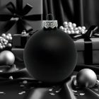 Matt fekete üveggömb ezüst és fekete karácsonyi dekorációval, elegáns kompozícióban (8 cm).
