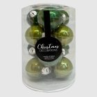 Tizenkét darab zöld üveg karácsonyi gömb henger alakú átlátszó csomagolásban (6 cm).