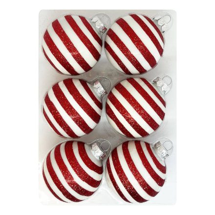 Red Glitter Stripe kézzel festett fehér-piros üveg karácsonyi gömb szett 6*7cm