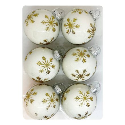 White snowflake fehér-arany kézzel festett üveg karácsonyi gömb szett 6*7cm