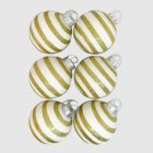 Gold Glitter Stripe üveg karácsonyi gömb szett (6 db, 7 cm) fehér háttéren.