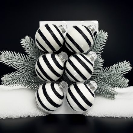 Fekete-fehér kézzel festett üveg karácsonyi gömb szett havas fenyőágakkal