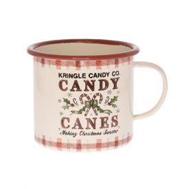 Krém színű bádog bögre piros-fehér kockás mintával és cukorpálcás karácsonyi felirattal.