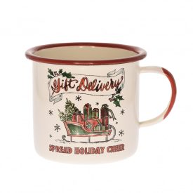 Krém alapszínű bádog bögre piros peremmel és füllel, szános karácsonyi mintával és Gift Delivery felirattal.