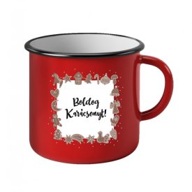 Piros bádog bögre mézeskalács motívumokkal és ‘Boldog Karácsonyt!’ felirattal, fehér belső résszel.