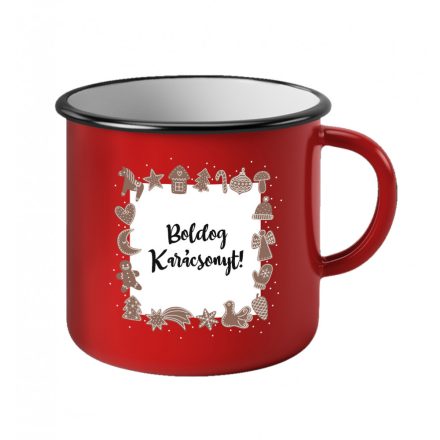 Piros bádog bögre mézeskalács motívumokkal és ‘Boldog Karácsonyt!’ felirattal, fehér belső résszel.