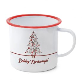 Fehér bádog bögre piros peremmel, karácsonyfa mintával és ‘Boldog Karácsonyt!’ felirattal.
