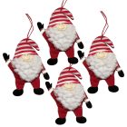 Csíkos sapkás, piros ruhás textil Mikulás figura fekete kesztyűvel és cipővel, fehér háttéren, 4 darabos szettben.