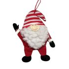 Csíkos sapkás, piros ruhás textil Mikulás figura fekete kesztyűvel és cipővel, fehér háttéren.