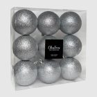 9 darabos ezüst glitteres karácsonyfadísz szett, műanyag gömbök.