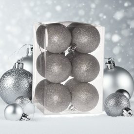 Ezüst glitteres karácsonyi gömb szett 12 darab 6 cm – ünnepi dekoráció