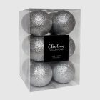 Elegáns ezüst színű műanyag karácsonyi gömbök dobozban