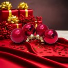 Négy darab piros üveg karácsonyi gömb arany masnis ajándékdobozok között (3 cm).