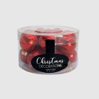 Piros karácsonyi üvegdíszek átlátszó hengeres csomagolásban (16×3 cm).