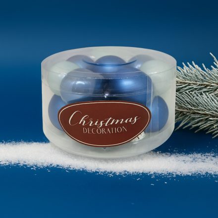 Kék üveg karácsonyi gömb szett 16×3cm – fényes és matt díszek dobozban