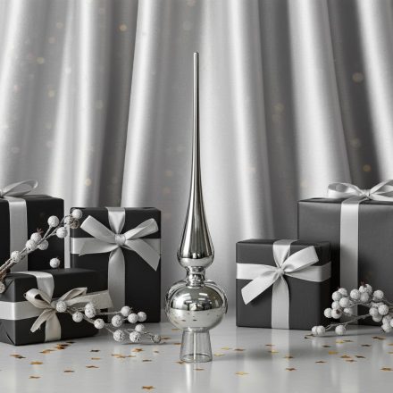 Fényes ezüstszínű üveg csúcsdísz ajándékdobozok és ezüst bogyós ágak között, elegáns ezüst háttér előtt.