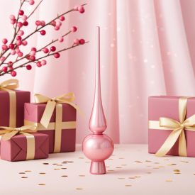 Babarózsaszín üveg csúcsdísz elegáns, fényes felülettel, rózsaszín háttér előtt, arany masnis ajándékdobozokkal és bogyós ággal díszítve.