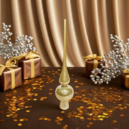 Pezsgő színű üveg csúcsdísz 25,5 cm-es méretben ünnepi háttérrel, arany ajándékdobozokkal.